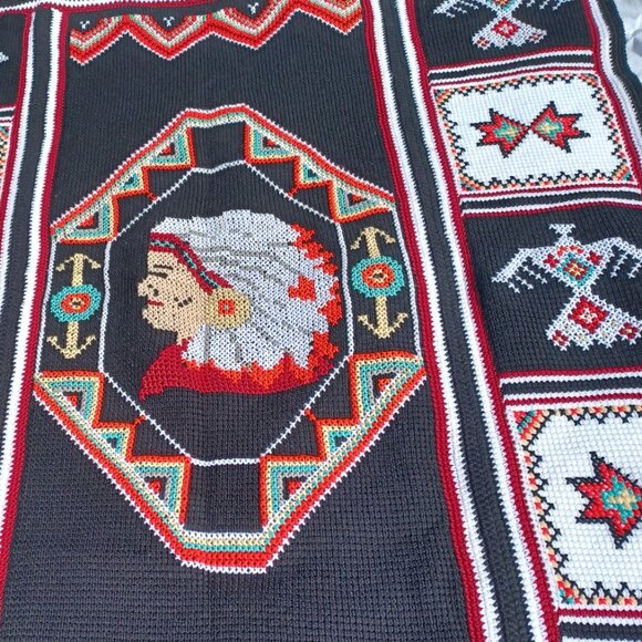 Handmade Crochet Afghan Southwestern Pattern Native American Indian Head - Picture 6 of 8